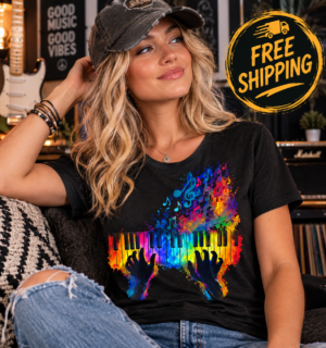 7bacbff7-db13-4e40-8831-c75d392883d3 Piano Keys Rainbow T-Shirt — Colorful Piano Player Graphic Tee