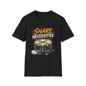 Snare Necessities drummer T-shirt with snare drum and drumsticks artwork
