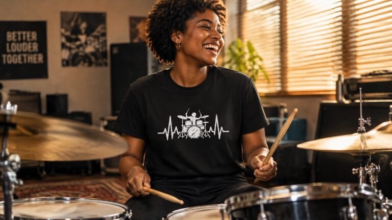 Woman with a short natural afro laughing behind a drum kit in a rehearsal room, wearing the black Drummer Heartbeat t-shirt with white EKG heartbeat and drummer silhouette graphic